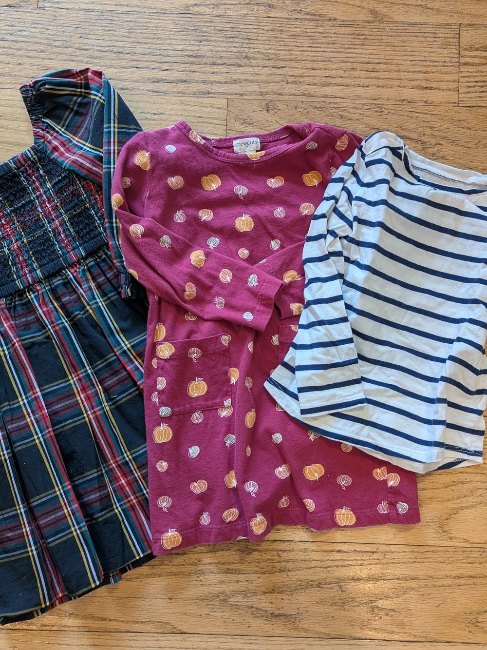 J. Crew Kids Set - Berry Pink Pumpkin Print Dress with Navy Stripes & Plaid